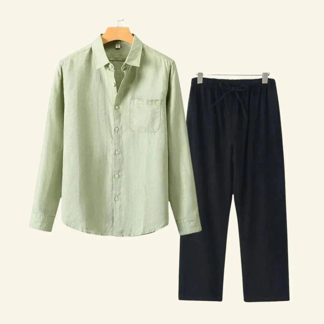 Two-piece men's set – long-sleeved blouse and fitted trousers