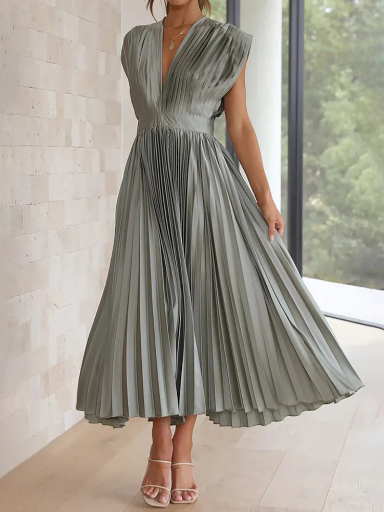 Celestine | Women’s Midi Dress | Deep V-Neck Satin Pleated Cap Sleeve