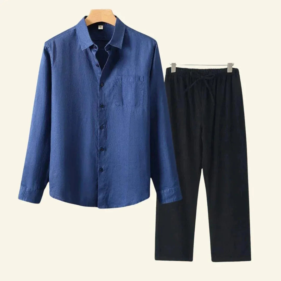 Two-piece men's set – long-sleeved blouse and fitted trousers
