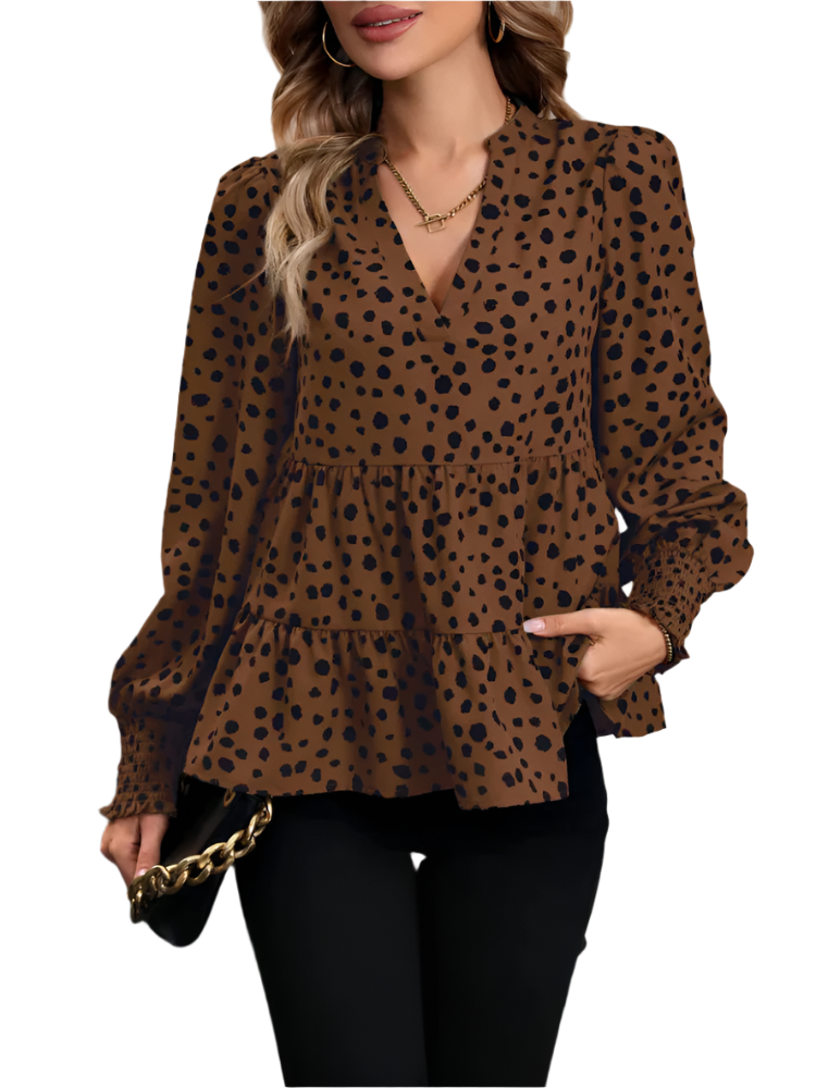 Tavira | Women’s Blouse | V-Neck Leopard Smocked Tiered