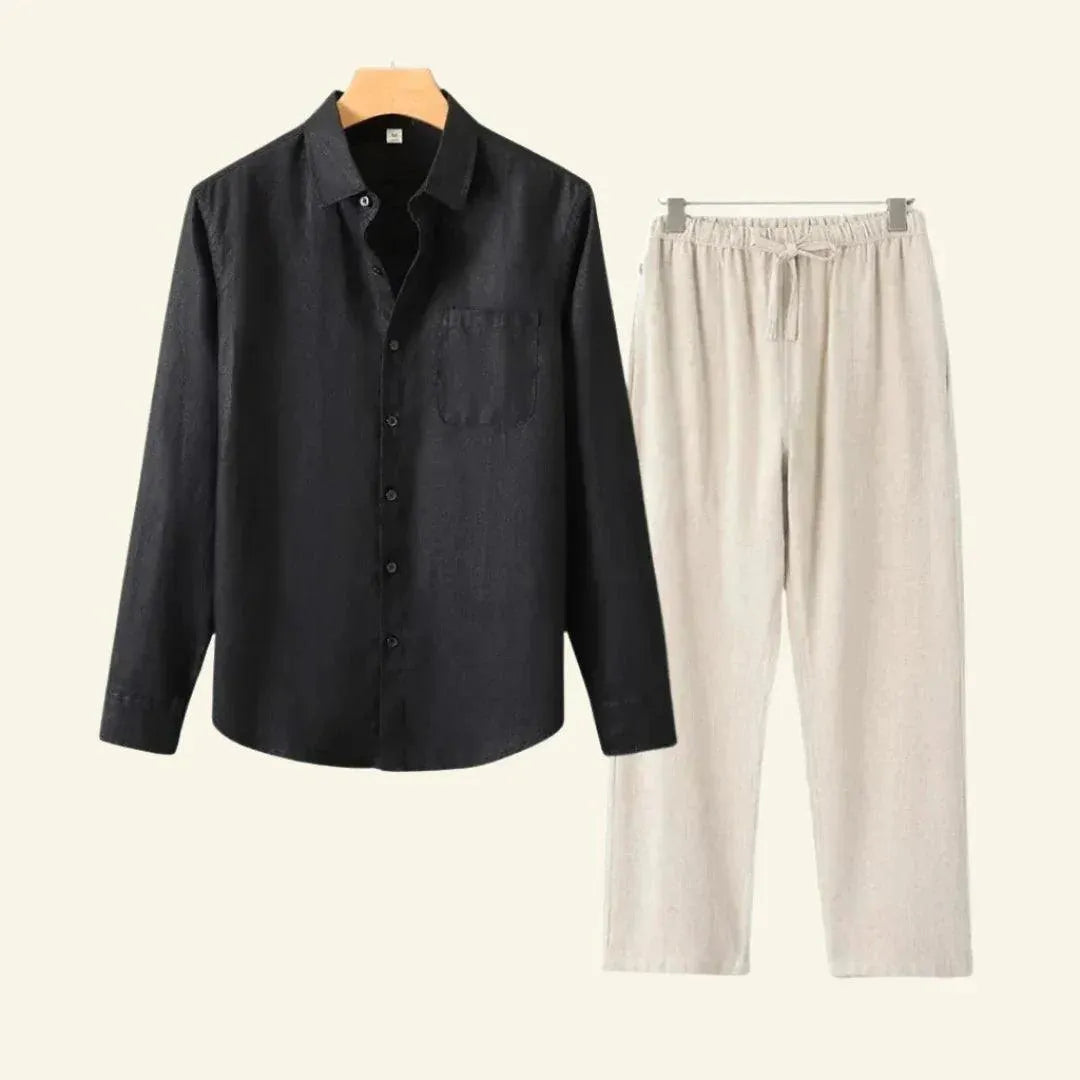 Two-piece men's set – long-sleeved blouse and fitted trousers