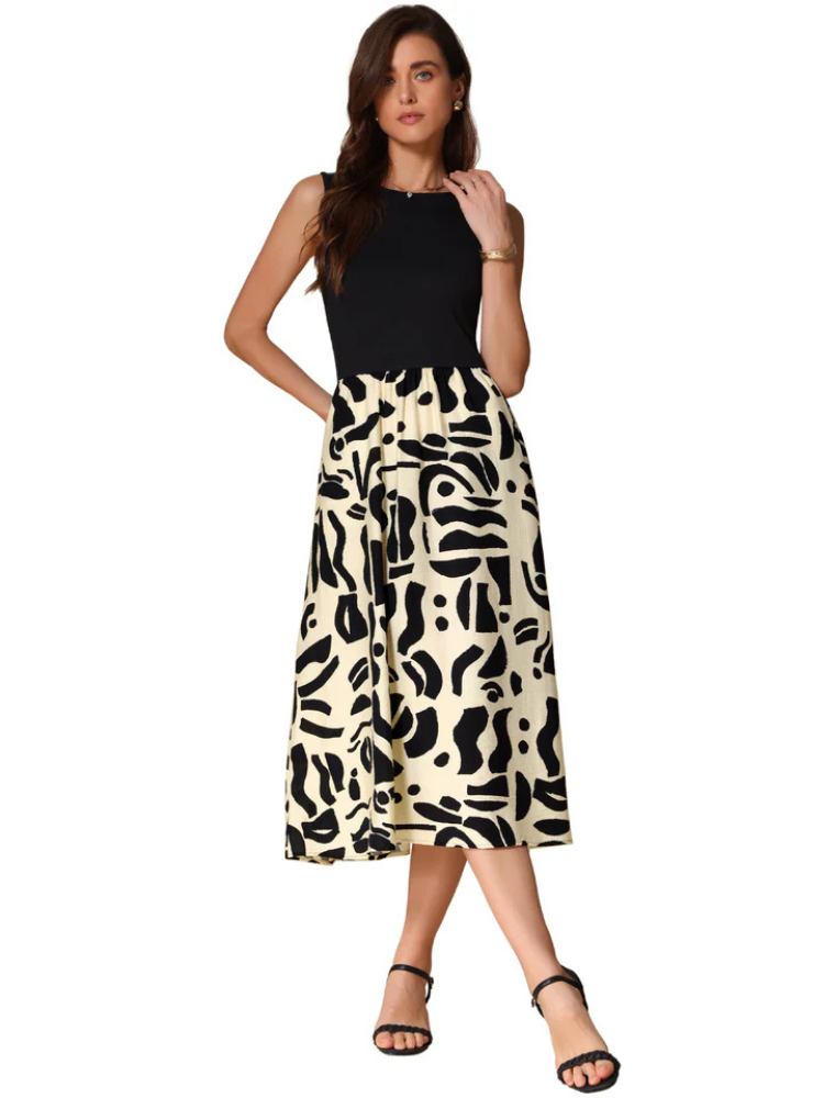 Mirelle | Women’s Midi Dress | Patchwork Graphic Sleeveless Pocketed
