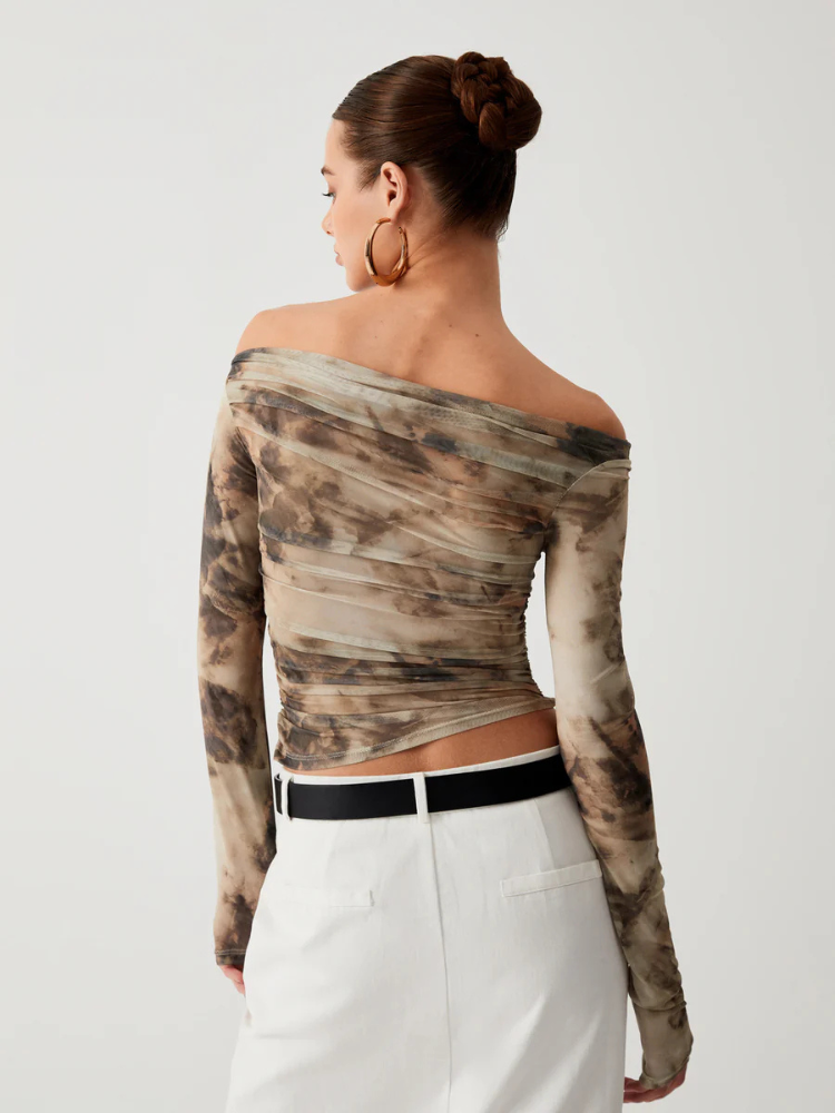 Isabelle | Women’s Crop Top | Sheer Tulle Off Shoulder Long Sleeve