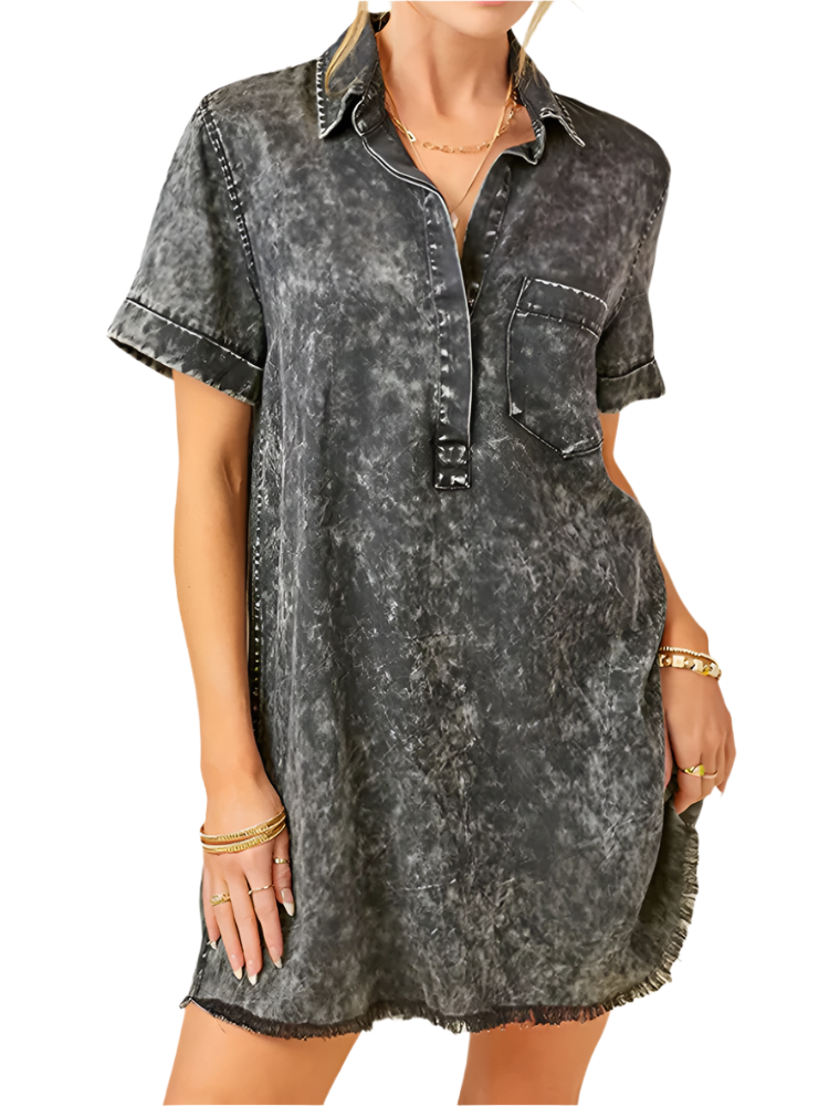 Kaelis | Women’s Mini Dress | Washed Denim Collared Short Sleeve