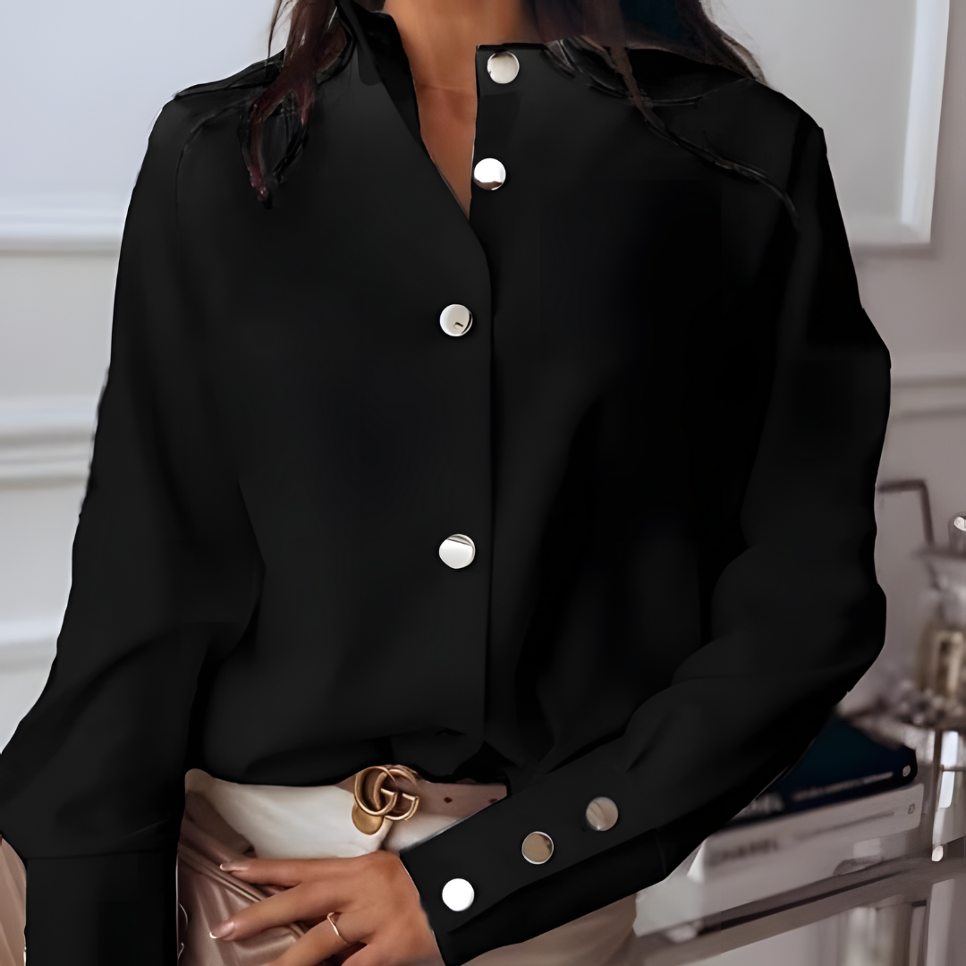 Esmira – Women’s Elegant Shirt with Stand Collar and Gold Button Detail
