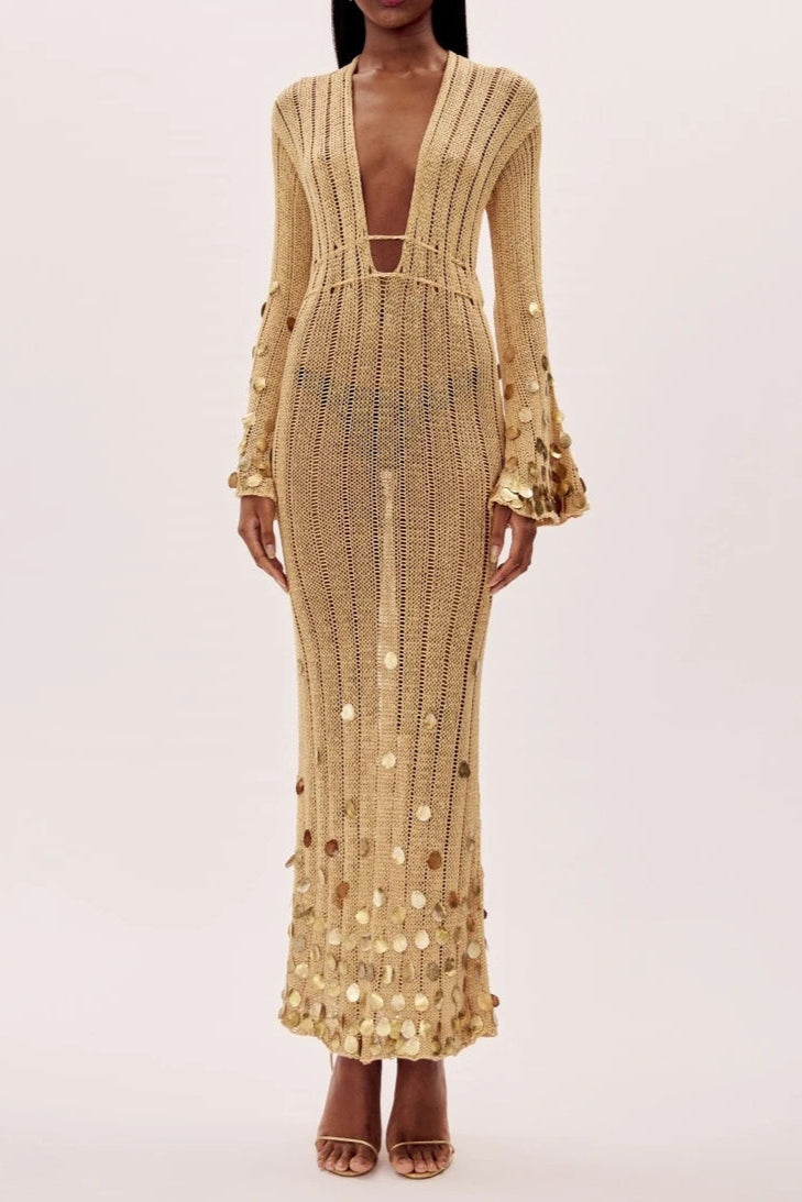 Gold Sequin Maxi Dress | Deep V-Neck | Elegant & Sparkling