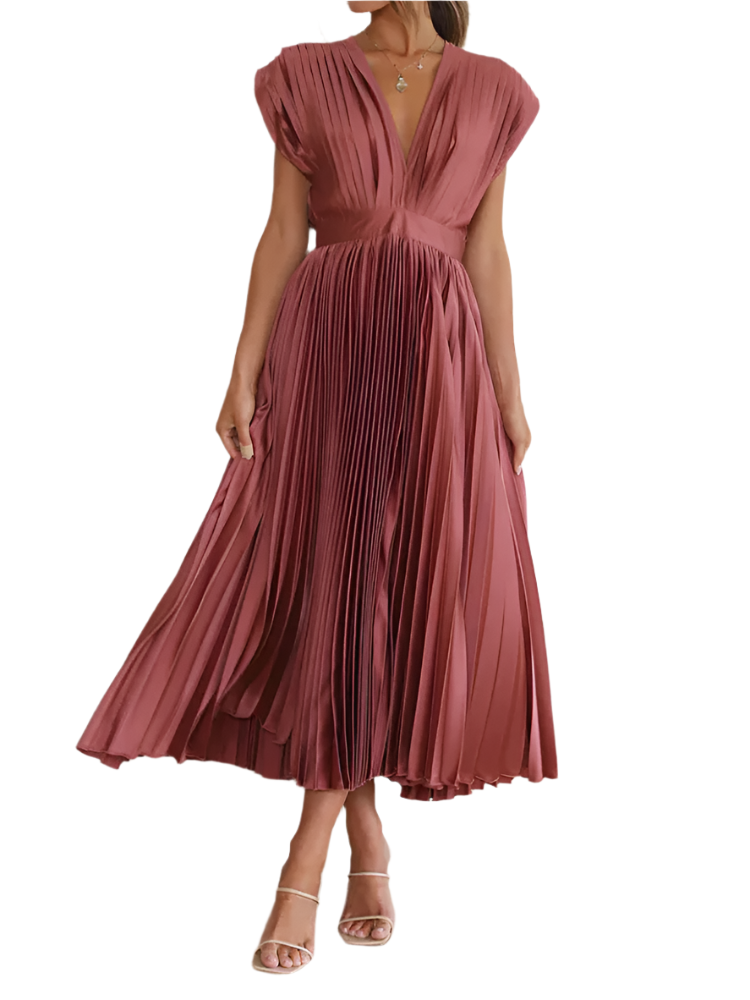 Celestine | Women’s Midi Dress | Deep V-Neck Satin Pleated Cap Sleeve