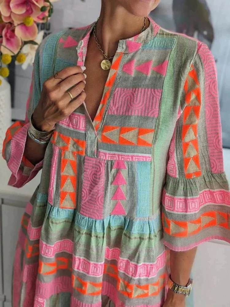 Brittany | Women’s Dress | Deep V-Neck Patterned Maxi Fit