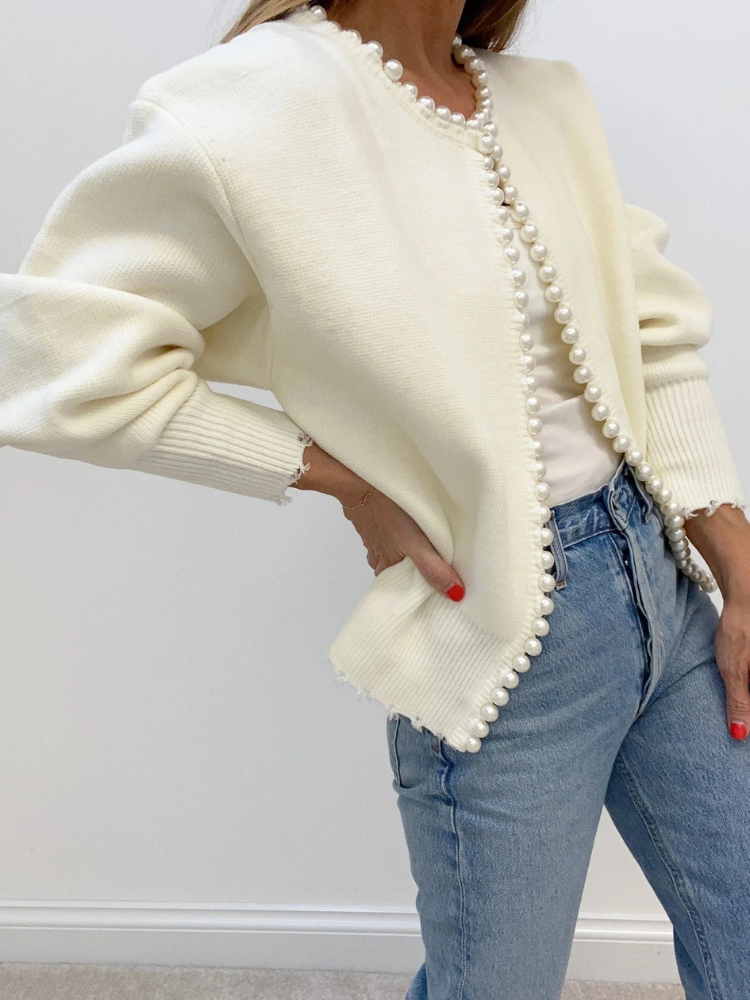 Mireille | Women’s Knit Cardigan | Pearl Trim Distressed Hem
