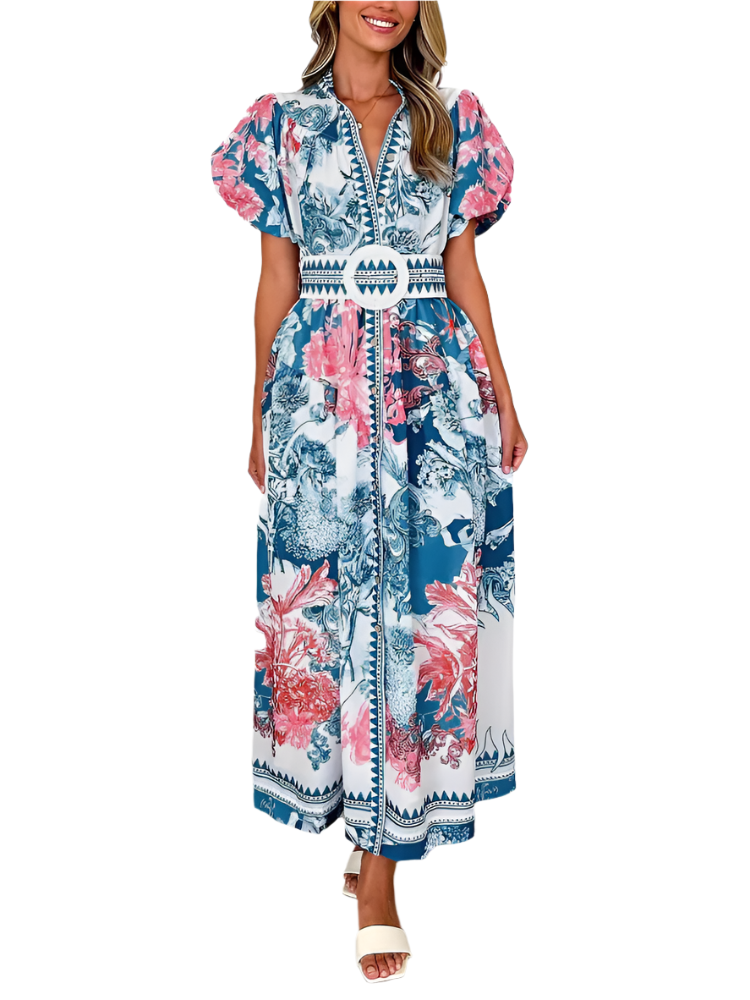 Annalise | Women’s Maxi Dress | Floral Puff Sleeve Button Down Belted