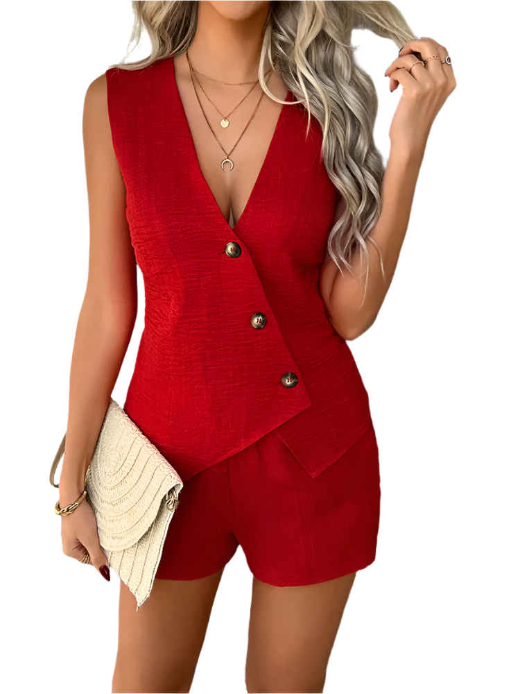 Vianne | Women’s Shorts Set | Textured Vest Sleeveless Pocketed