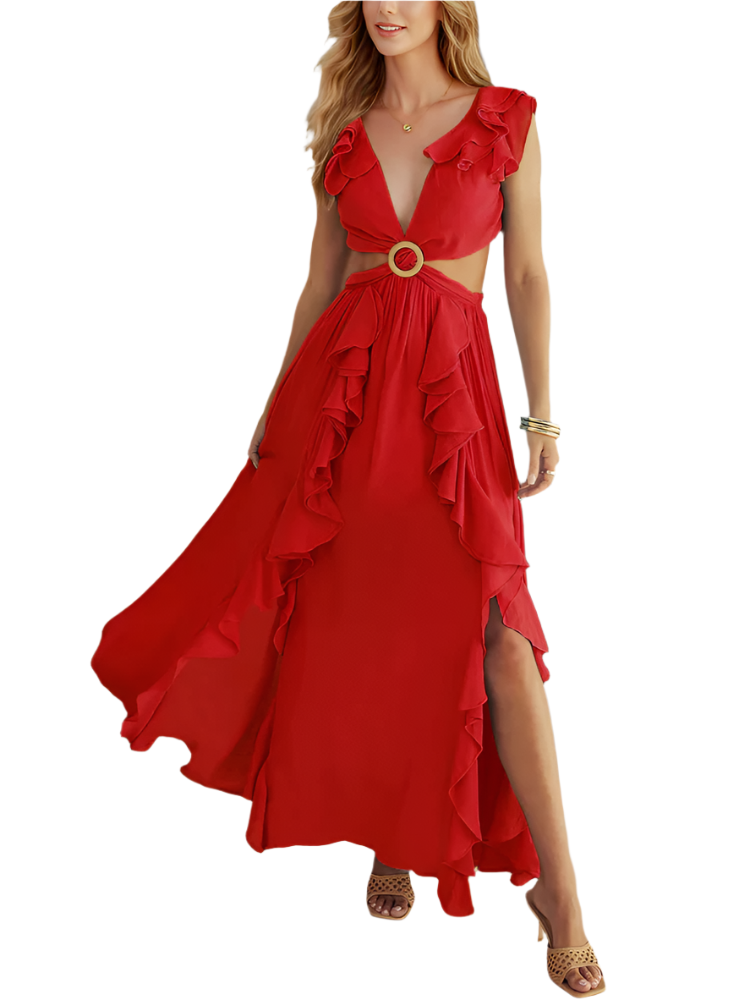 Lyanna | Women’s Maxi Dress | Boho Lace-Up Ruffled Cut-Out Slit