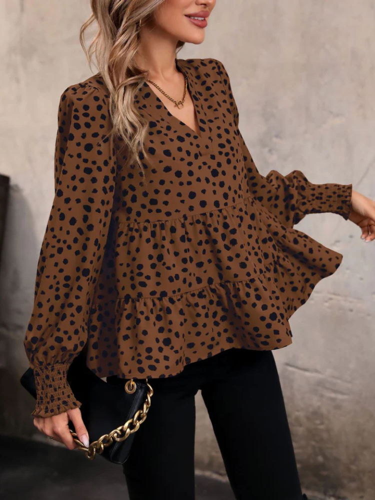 Tavira | Women’s Blouse | V-Neck Leopard Smocked Tiered
