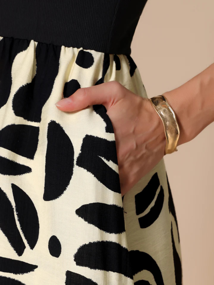 Mirelle | Women’s Midi Dress | Patchwork Graphic Sleeveless Pocketed