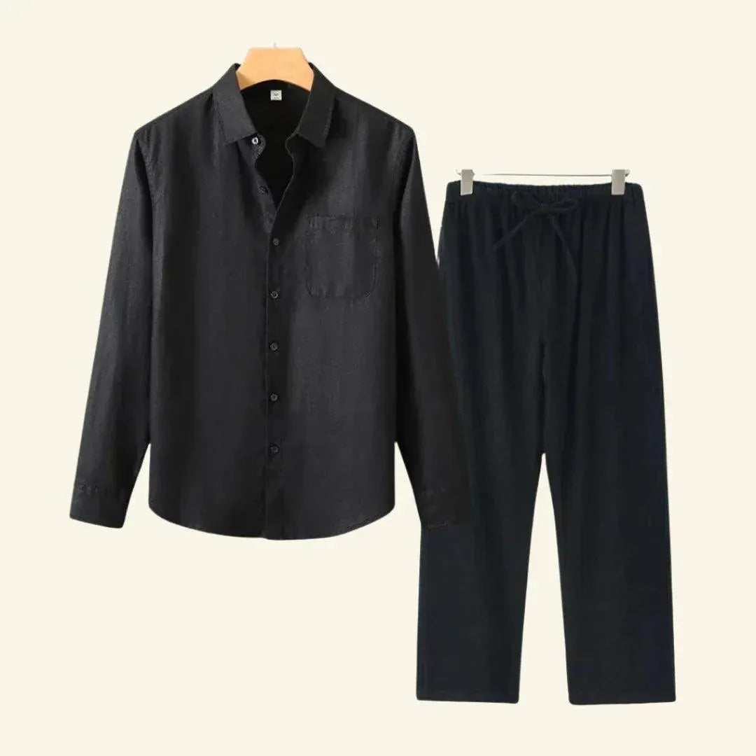 Two-piece men's set – long-sleeved blouse and fitted trousers