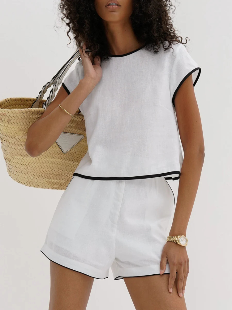 Mirae | Women’s Two-Piece Set | Cotton Contrast Trim Shorts