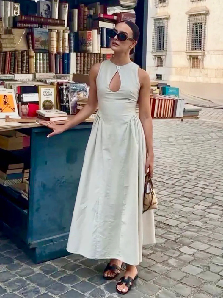 Alira | Women’s Long Dress | Pleated Cutout Cotton-Linen