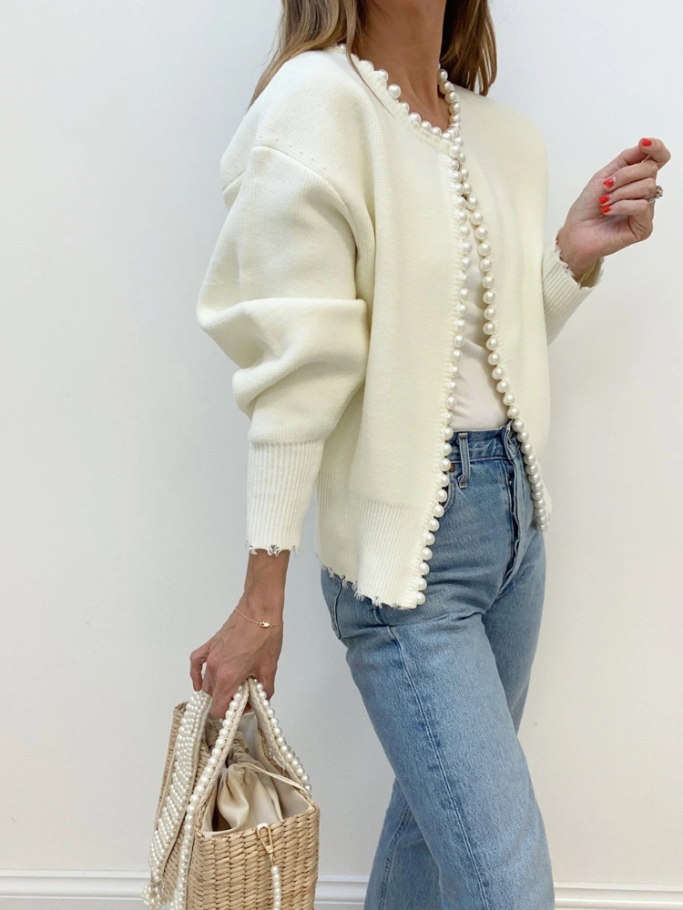 Mireille | Women’s Knit Cardigan | Pearl Trim Distressed Hem