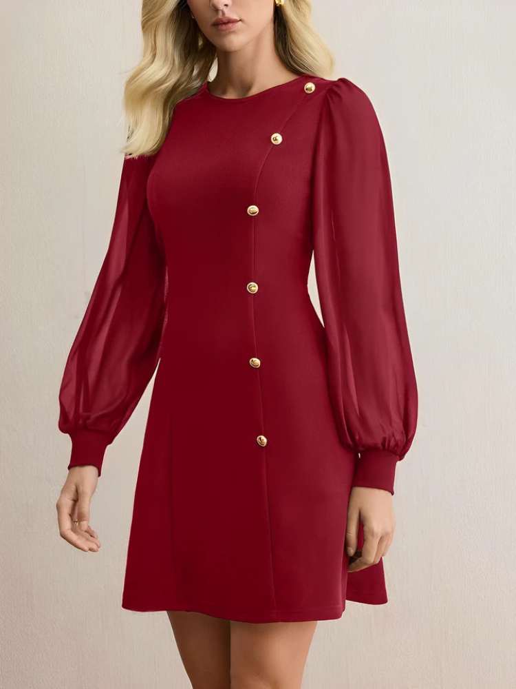 Milara | Women’s Dress | Round Neck Buttoned Long Sleeve A-Line