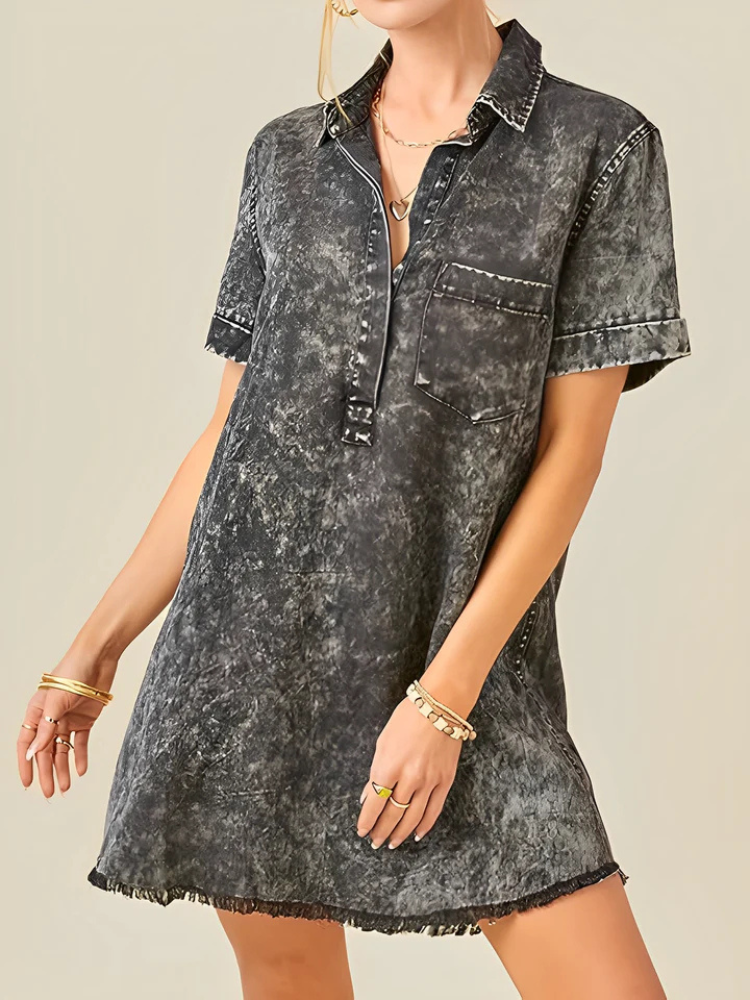 Kaelis | Women’s Mini Dress | Washed Denim Collared Short Sleeve