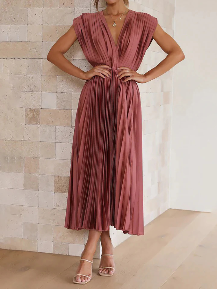 Celestine | Women’s Midi Dress | Deep V-Neck Satin Pleated Cap Sleeve