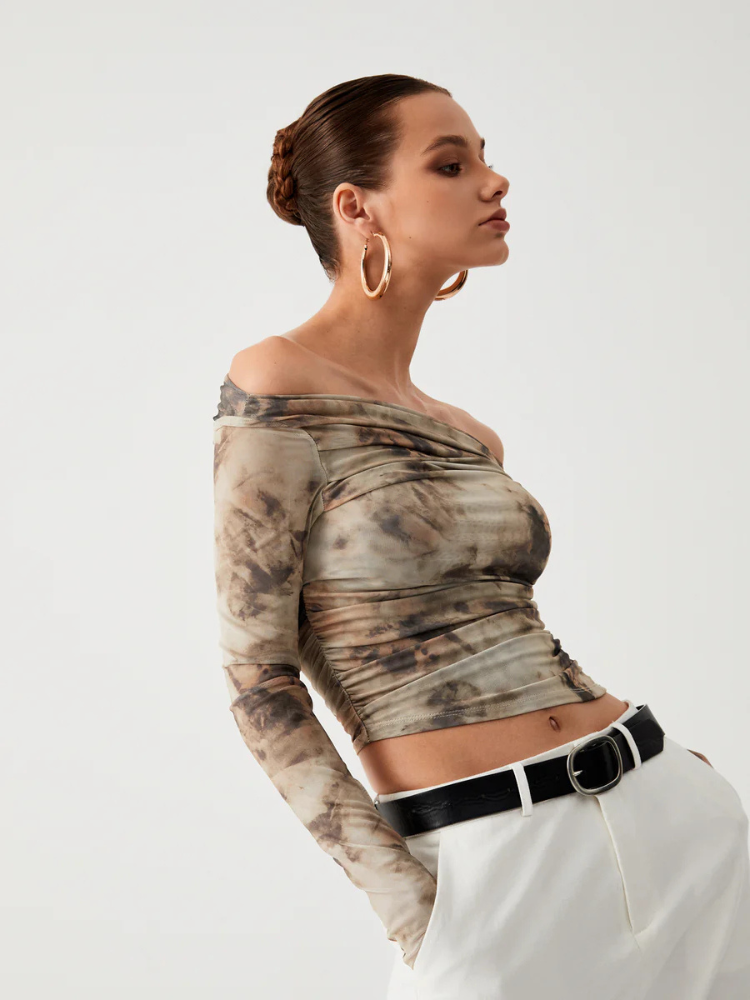Isabelle | Women’s Crop Top | Sheer Tulle Off Shoulder Long Sleeve