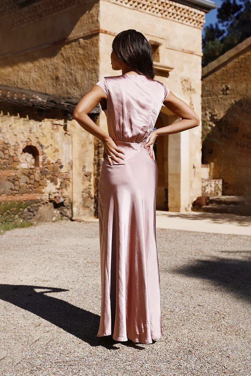 Flutter Sleeve Satin Maxi Dress | Blush Pink | Elegant & Romantic
