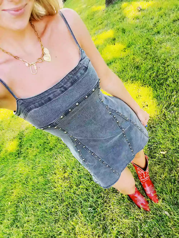 Faith | Women’s Denim Maxi Dress | Studded Straps