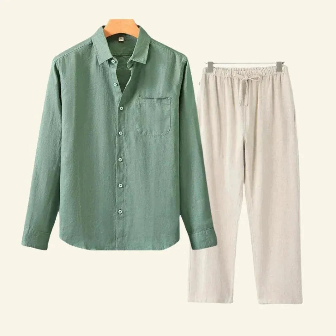 Two-piece men's set – long-sleeved blouse and fitted trousers