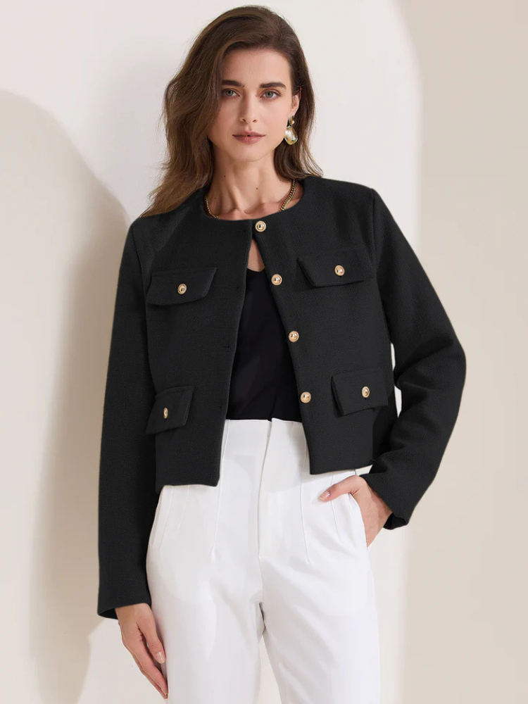 Coralie | Women’s Jacket | Cropped Tweed Round Neck Button Down