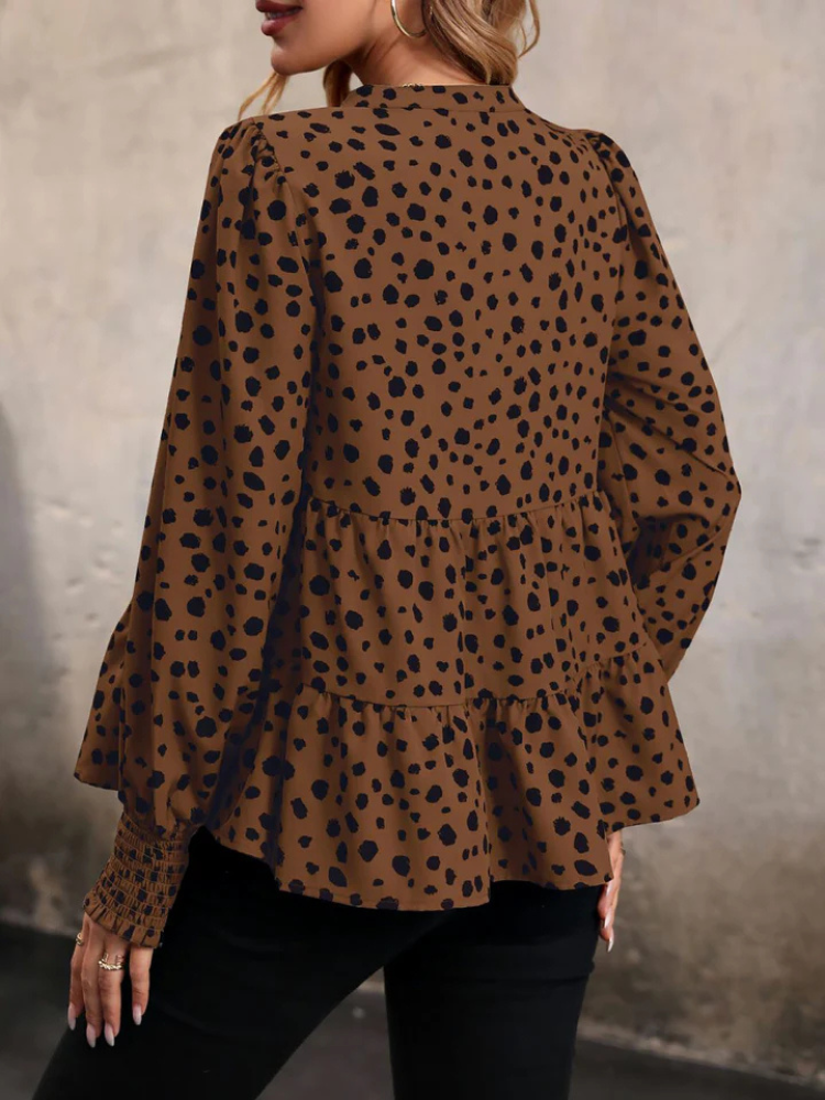Tavira | Women’s Blouse | V-Neck Leopard Smocked Tiered