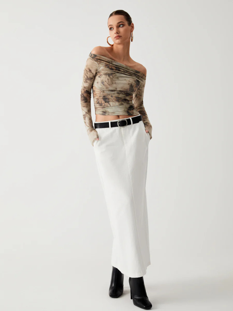 Isabelle | Women’s Crop Top | Sheer Tulle Off Shoulder Long Sleeve