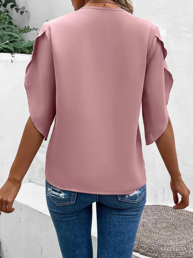 Emilia | Women’s Blouse | V-Neck Lace Trim Trumpet Sleeve Loose Fit