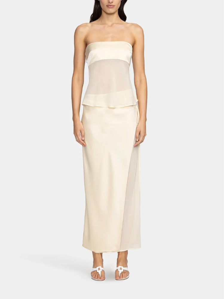 Adriana | Women’s Strapless Top & Midi Skirt Set | Sheer Satin Detail