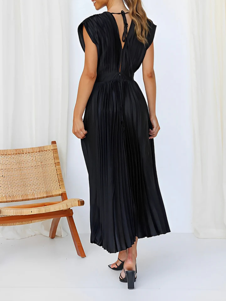 Celestine | Women’s Midi Dress | Deep V-Neck Satin Pleated Cap Sleeve
