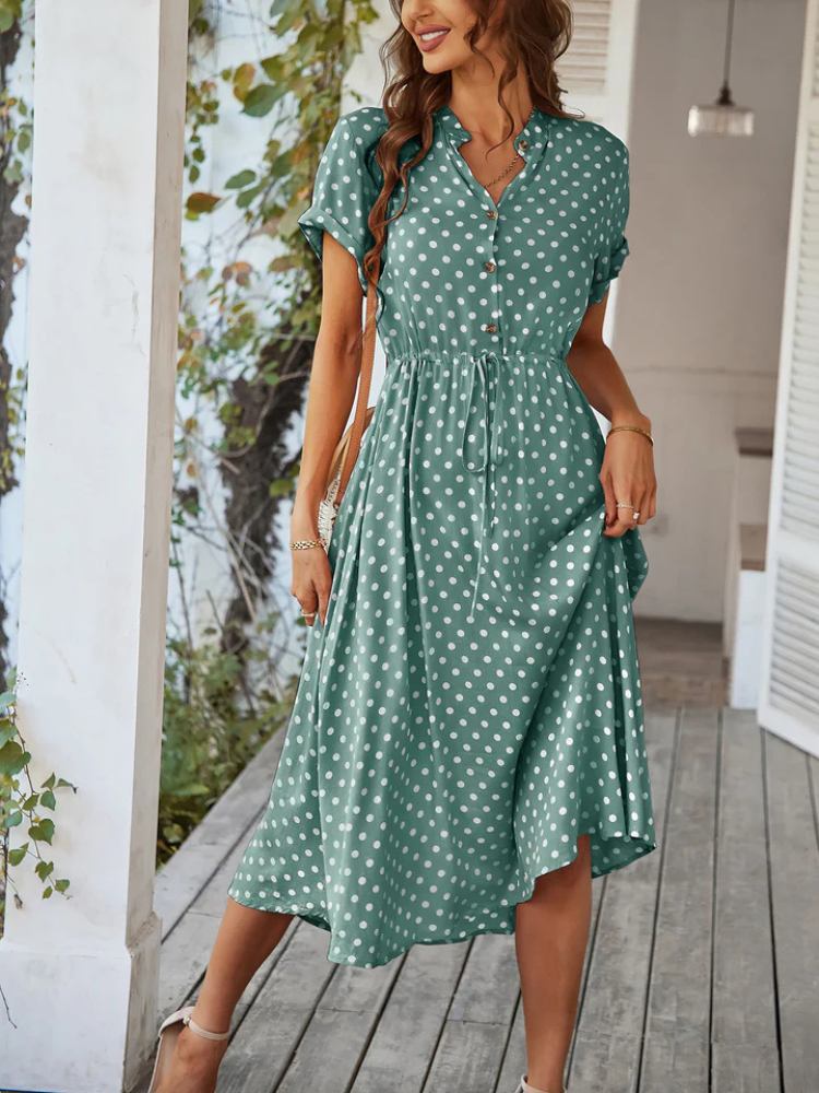 Dahlia | Women’s Midi Dress | Polka Dot Button-Up Shirt Style