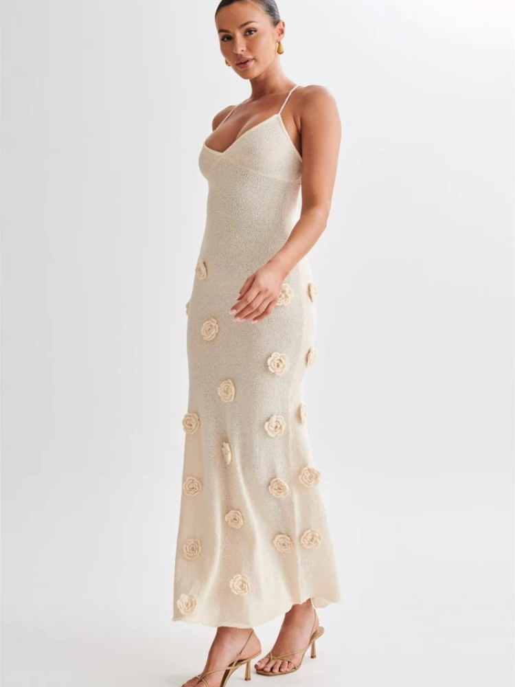 Liora | Women’s Knitted Maxi Dress | V-Neck & Floral