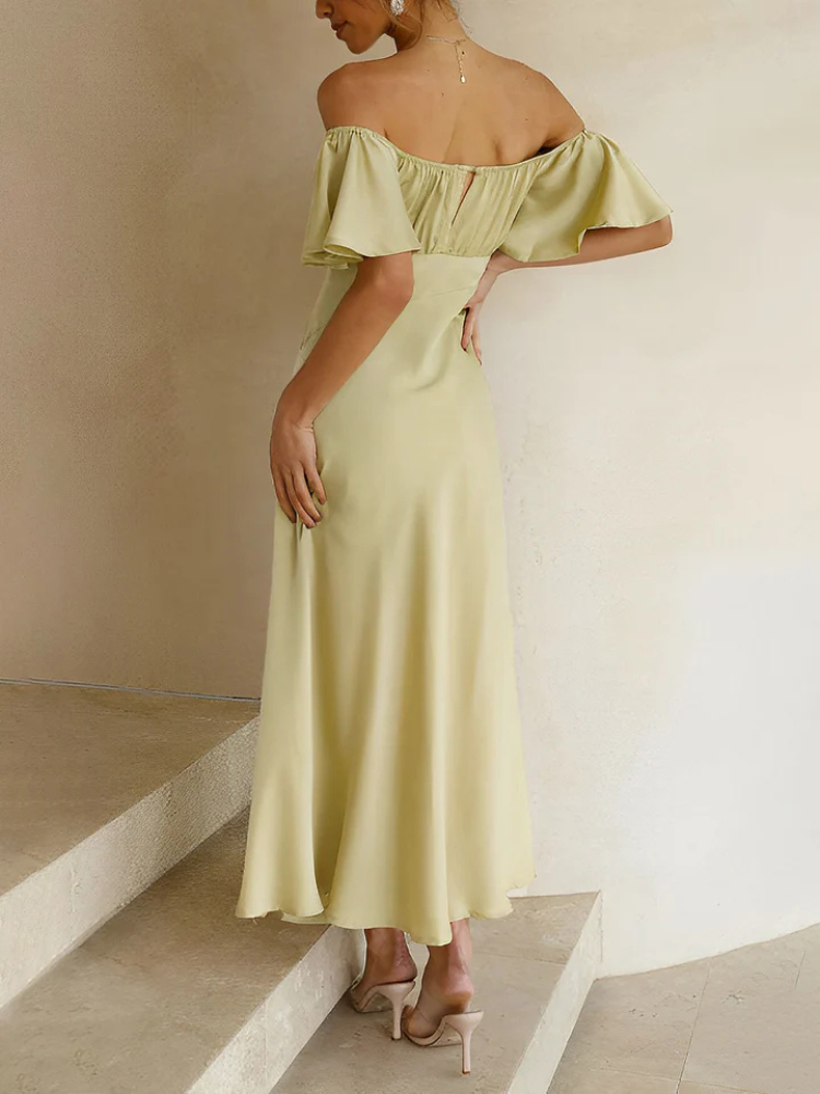 Evalisse | Women’s Midi Dress | Satin Off Shoulder Ruffled Slit Wedding