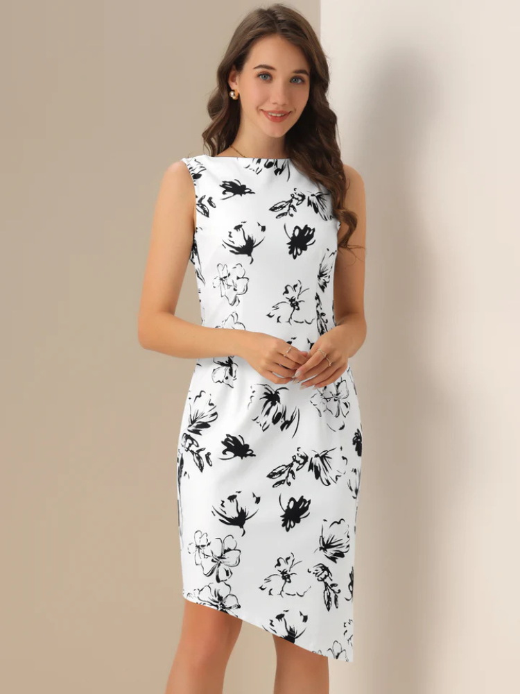 Fianna | Women’s Dress | Floral Boat Neck Belted Asymmetrical Hem