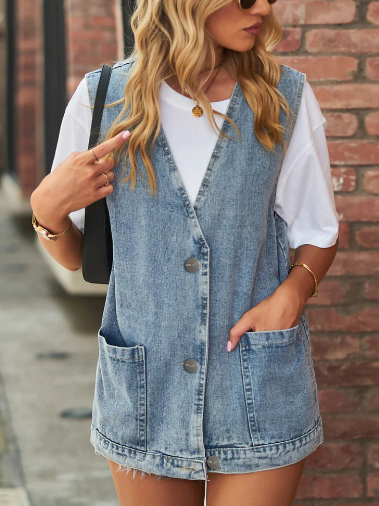 Juna | Women’s Denim Vest | Sleeveless Pocketed Button Waistcoat