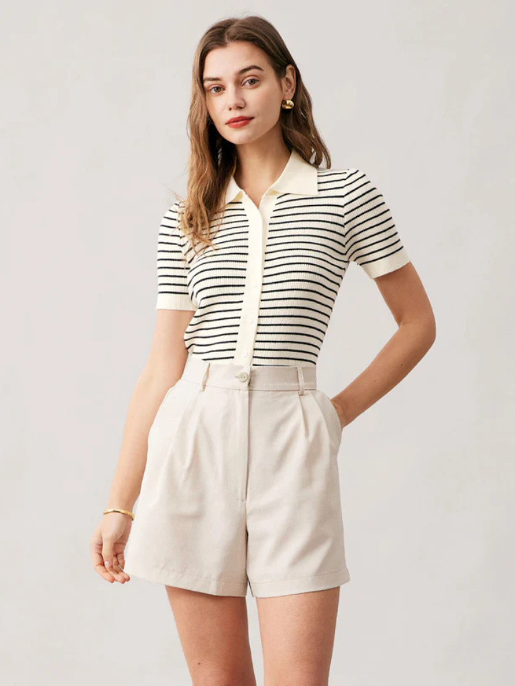 Marin | Women’s Top | Striped Knit Lapel Button-Up