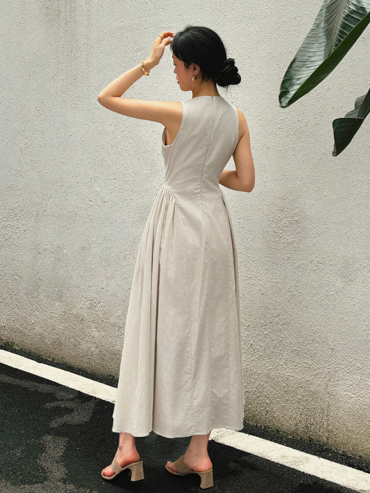 Alira | Women’s Long Dress | Pleated Cutout Cotton-Linen