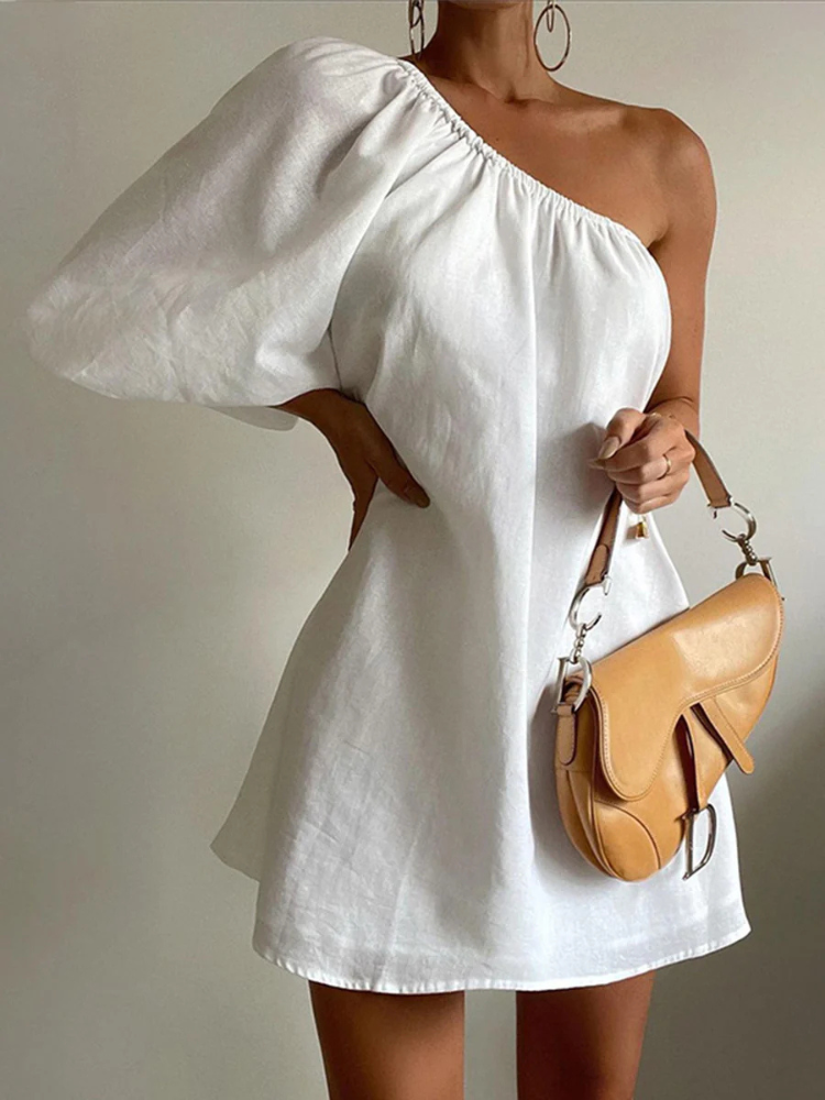 Thalina | Women’s Short Dress | One Sleeve Cotton Linen Natural