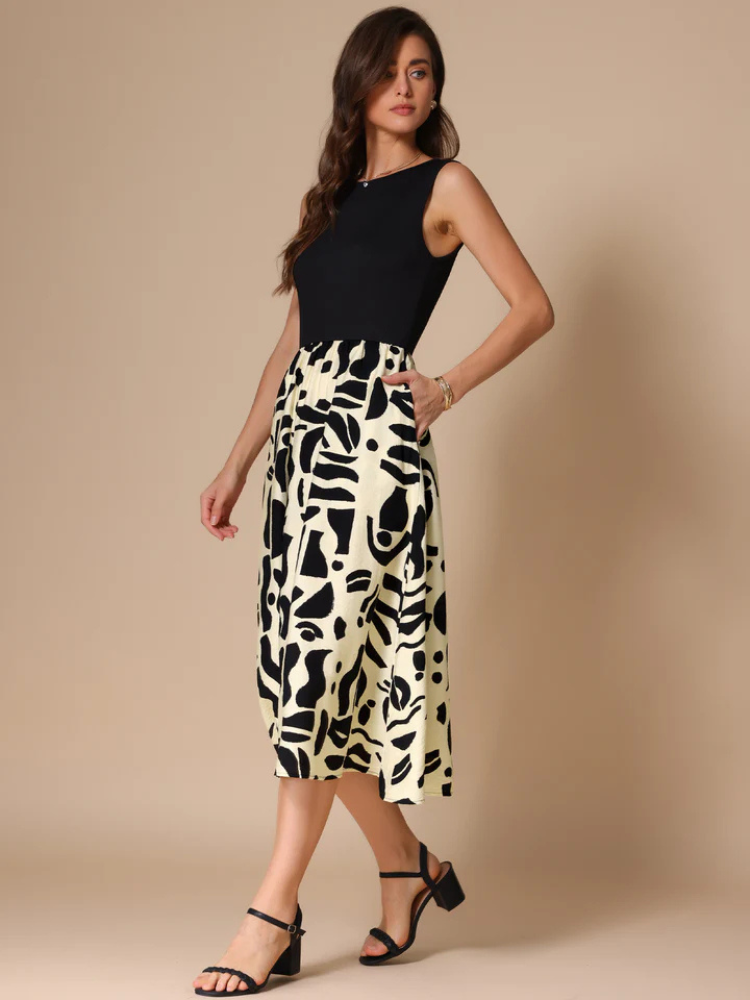 Mirelle | Women’s Midi Dress | Patchwork Graphic Sleeveless Pocketed