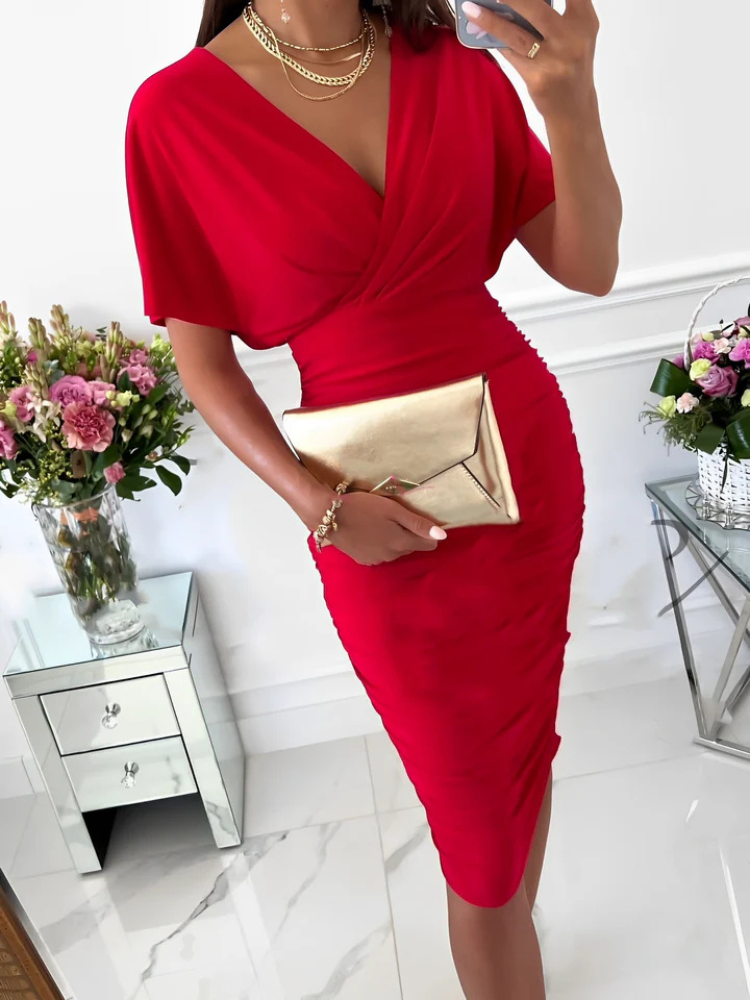 Dahlia | Women’s Midi Dress | V-Neck Ruched Bodycon Short Sleeve