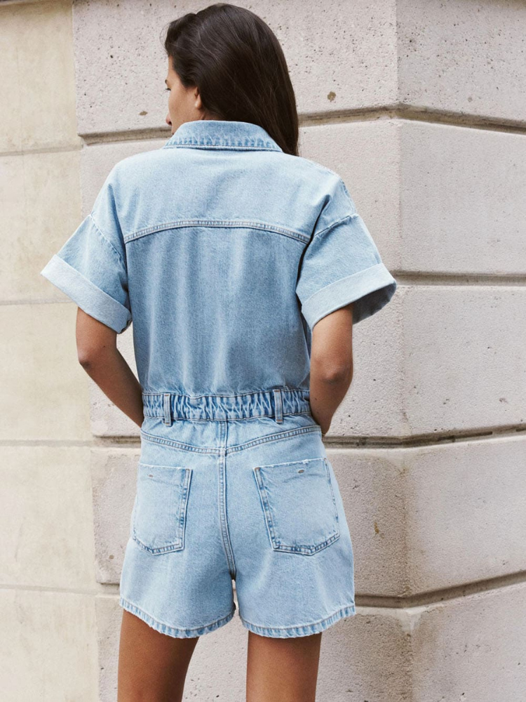 Cecelia | Women’s Denim Romper | Cuffed & Fitted