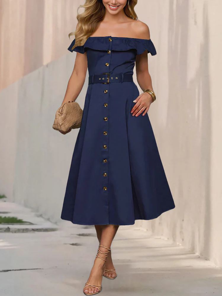 Elisette | Women’s A-Line Dress | Off Shoulder Belted Button Down