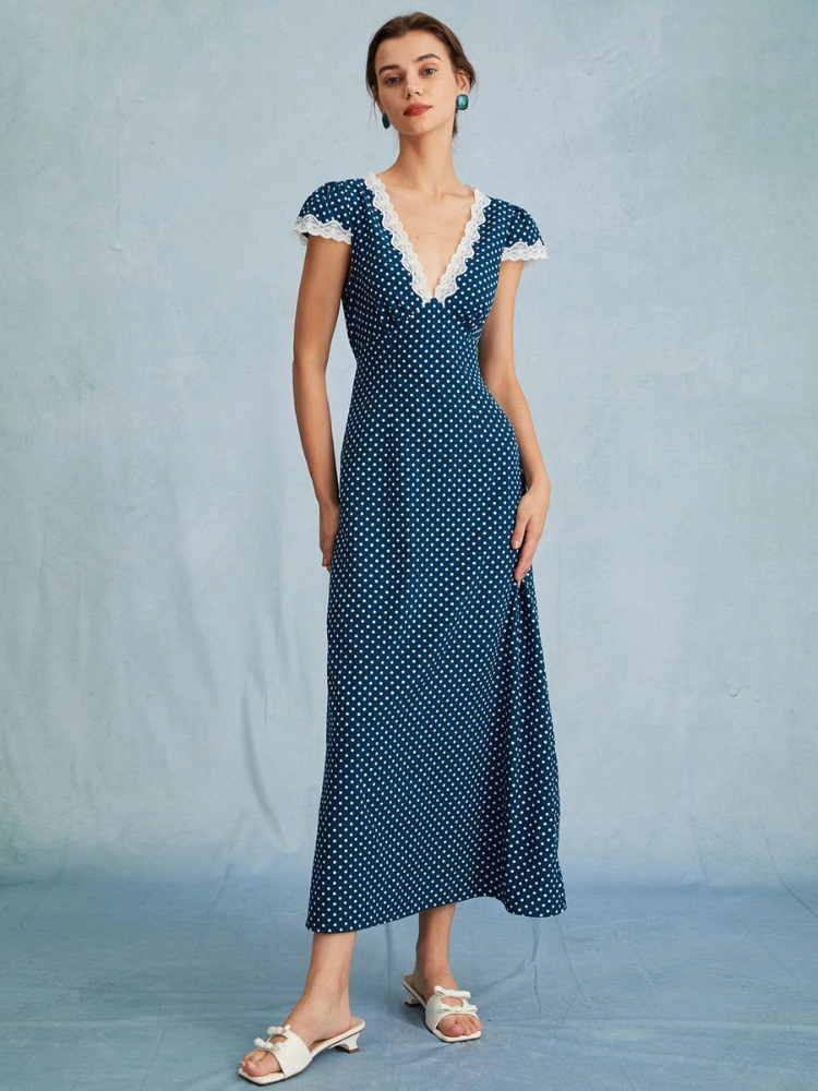 Celestine | Women’s Maxi Dress | Polka Dot Lace Ruched V-Neck