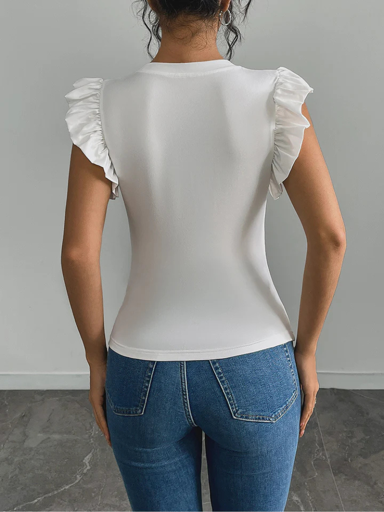 Eliselle | Women’s Blouse | Ruffled Cap Sleeve Floral Accent