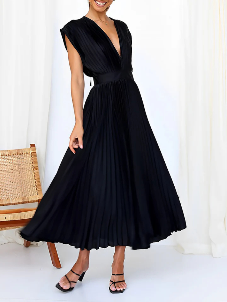 Celestine | Women’s Midi Dress | Deep V-Neck Satin Pleated Cap Sleeve